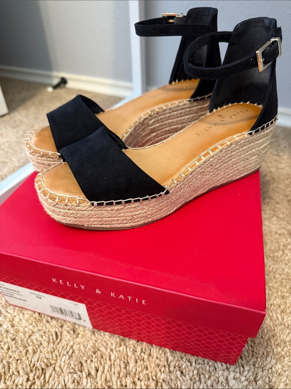 Kelly & Katie Black Suede Espadrille Wedge Sandals with Ankle Strap